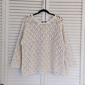 Heavy Crochet Scallop Edge 3/4 Sleeve Crew Neck Sweater Sweatshirt Jumper